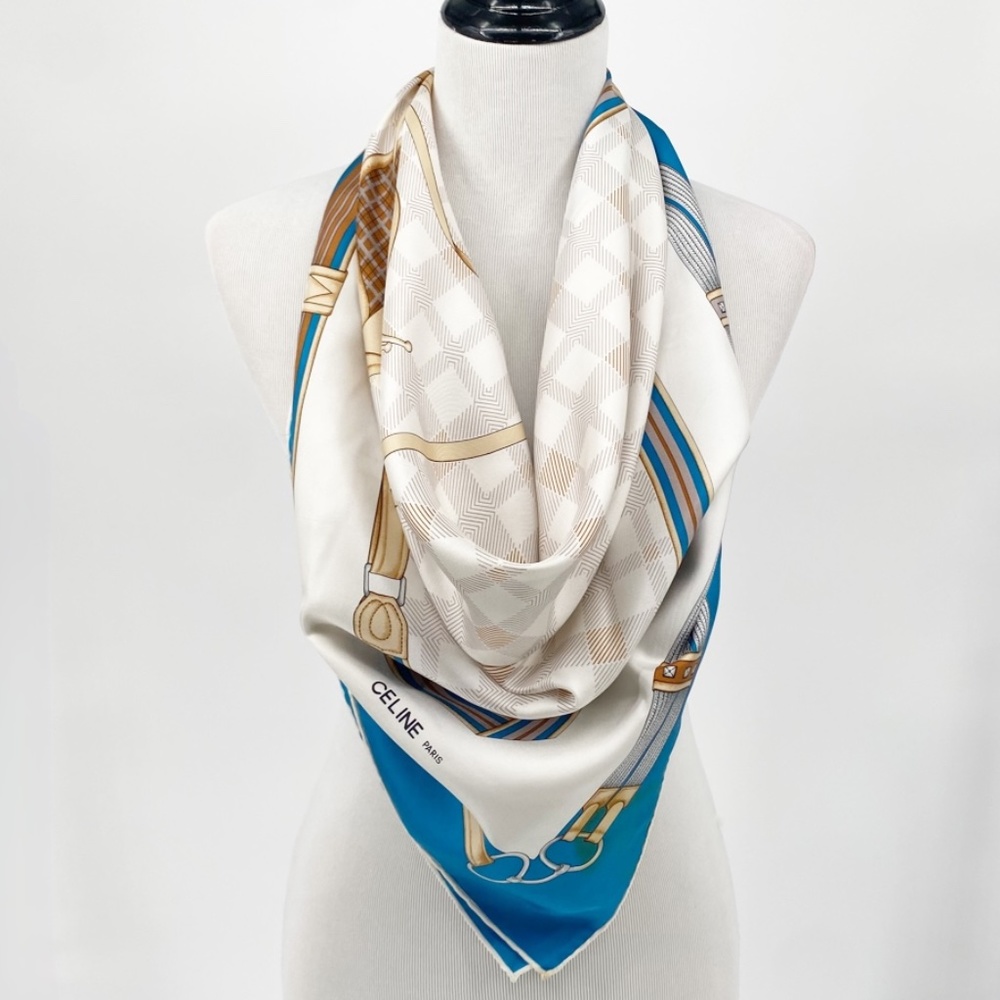Celine Vintage 100% Silk Large Teal Bridle Horse Saddle Equestrian Scarf